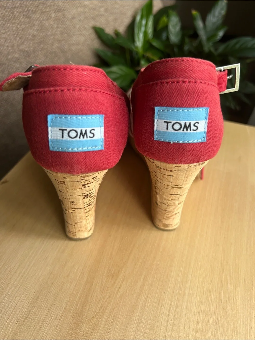 TOMS Red Striped Wedge Sandals with Ankle Strap